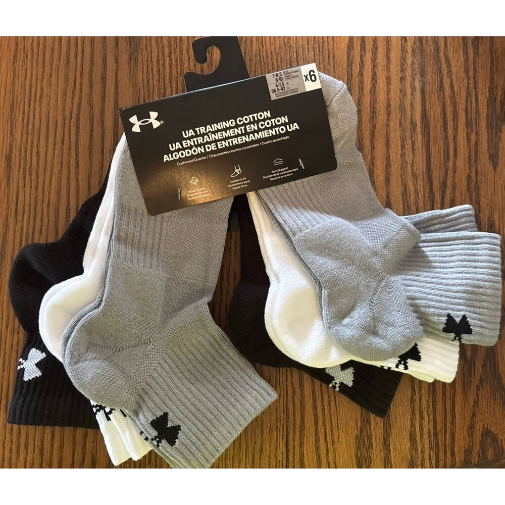 Under Armour Quarter Socks Size Medium 6 Pack Black Grey White